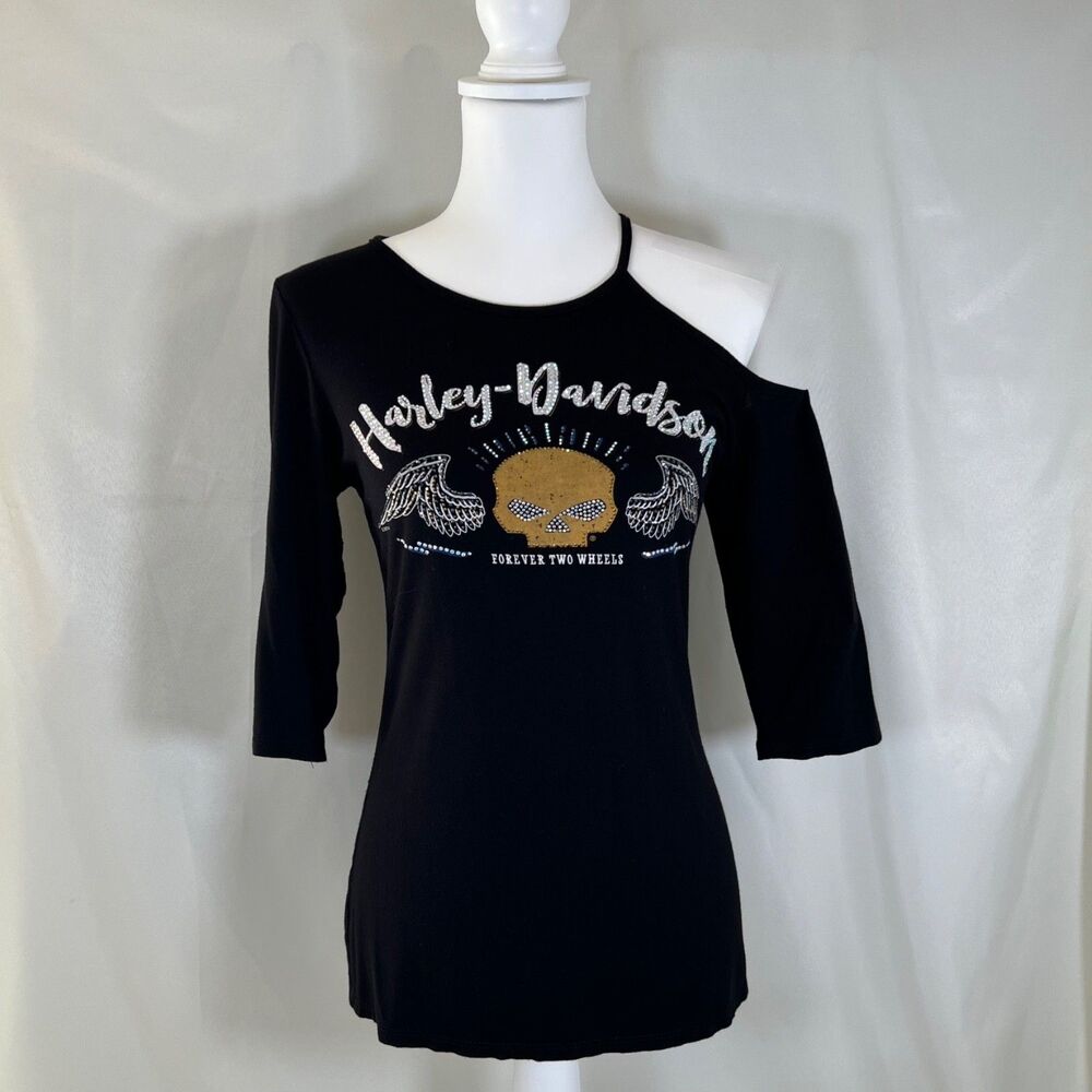 Harley-Davidson Rhinestone Willie G Skull Cutout Shoulder Top  Made in USA Sz S